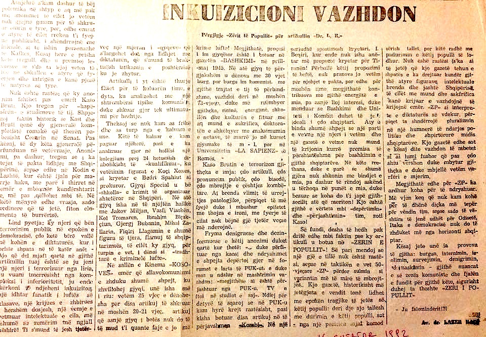 Inkuizicioni vazhdon - nga Dr. Lazër  Radi  (RD, 16.09.1992)