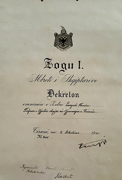Dekretimi i Ahmet Zogut për emërimin e Lasgush Poradecit si profesor i gjuhes shqipe