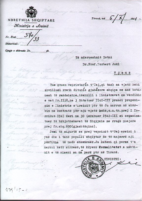 Dokumenti i Ministrit  Koliqi, per te shpetuar Albanologun Norbert Jokl 