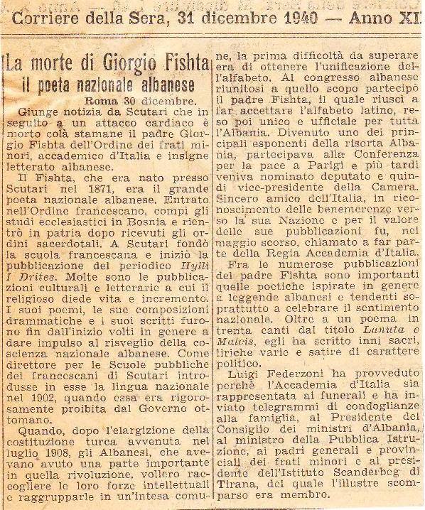 “Vdekja e Gjergj Fishtës -  poeti kombtar shqiptar” Corriere della Sera