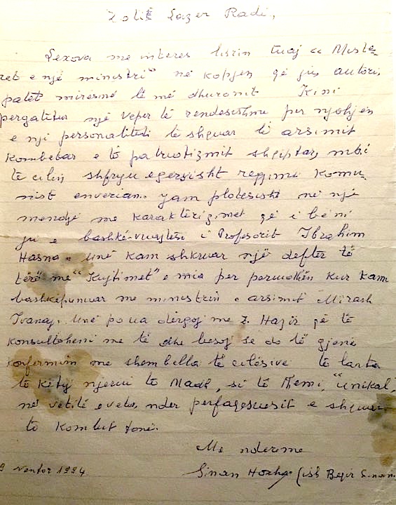 Letra e Beqir Sinanit drejtuar Lazër Radit