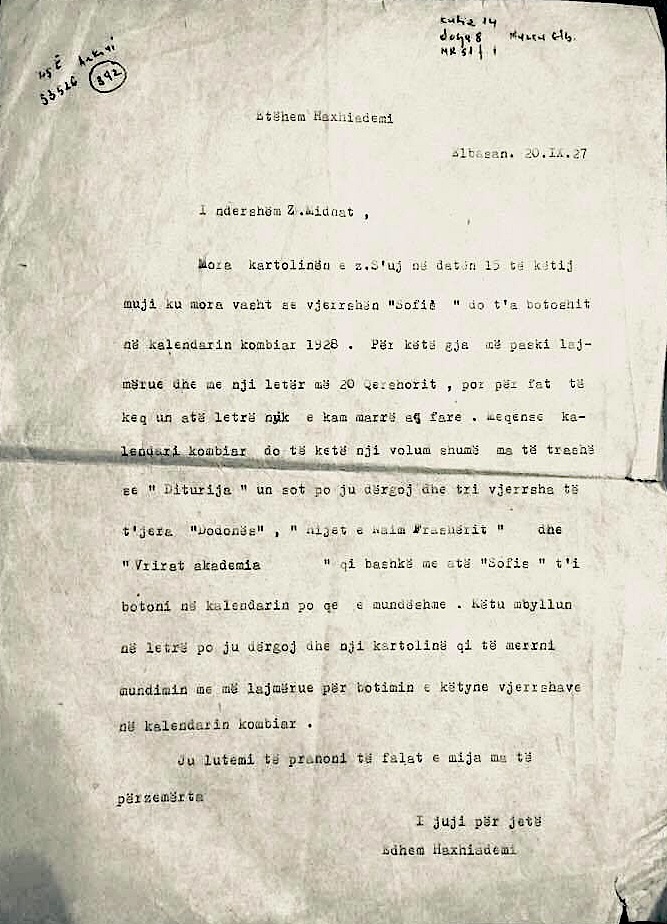 Et'hem Haxhiademi i shkruan Mit'hat Frashërit (1927)