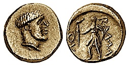 Monedhe bronxi me portretin e mbretit Ballaeus, pas emri Βαλλαῖος dhe hyjnesha Diana.