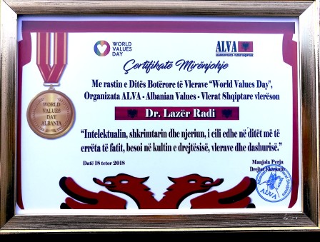 Organizata ALVA - Albanian Values, vlerëson Dr. Lazër Radin