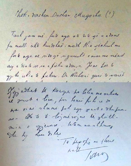 Faksilime e letrës së Hoxhës për Dushan Mugoshën