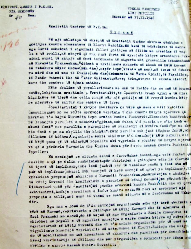 Dokumenti i 17 nëntorit 1946, ku Partia urdhron shkatërrimin e klerit katolik...