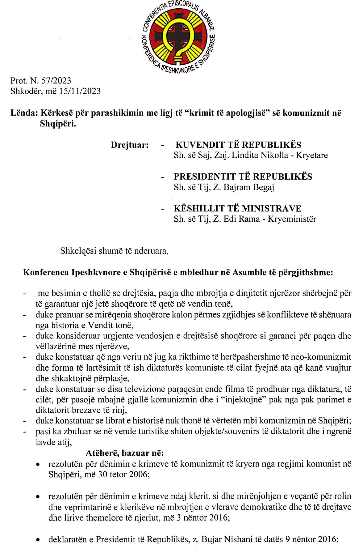 Konferenca Ipeshkvnore - Letër Shtetit Shqiptar